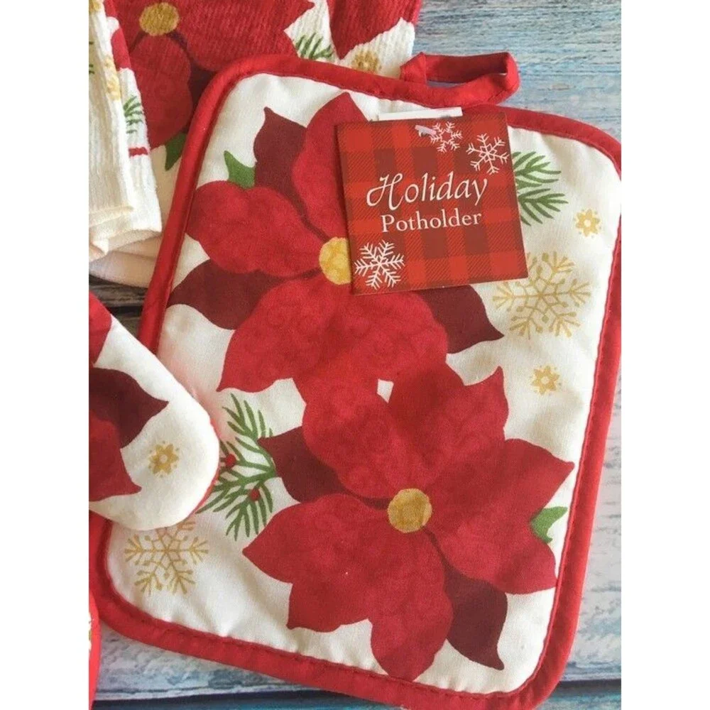Christmas Dish Towels Kitchen Oven Mitt Potholder Poinsettia Holiday Set Of 4